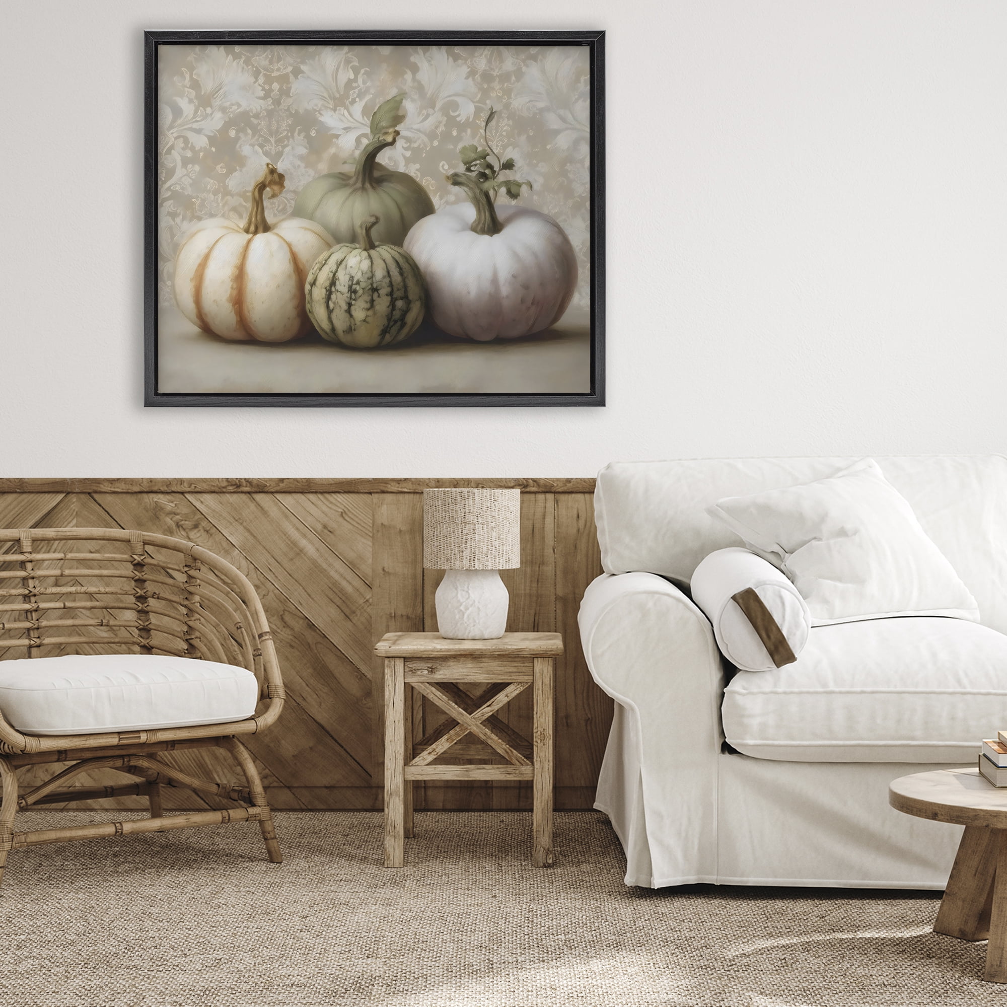 Stupell Industries Pastel Gourds on Vintage Pattern Black Framed Floater Canvas Wall Art, design by Arlington Prints
