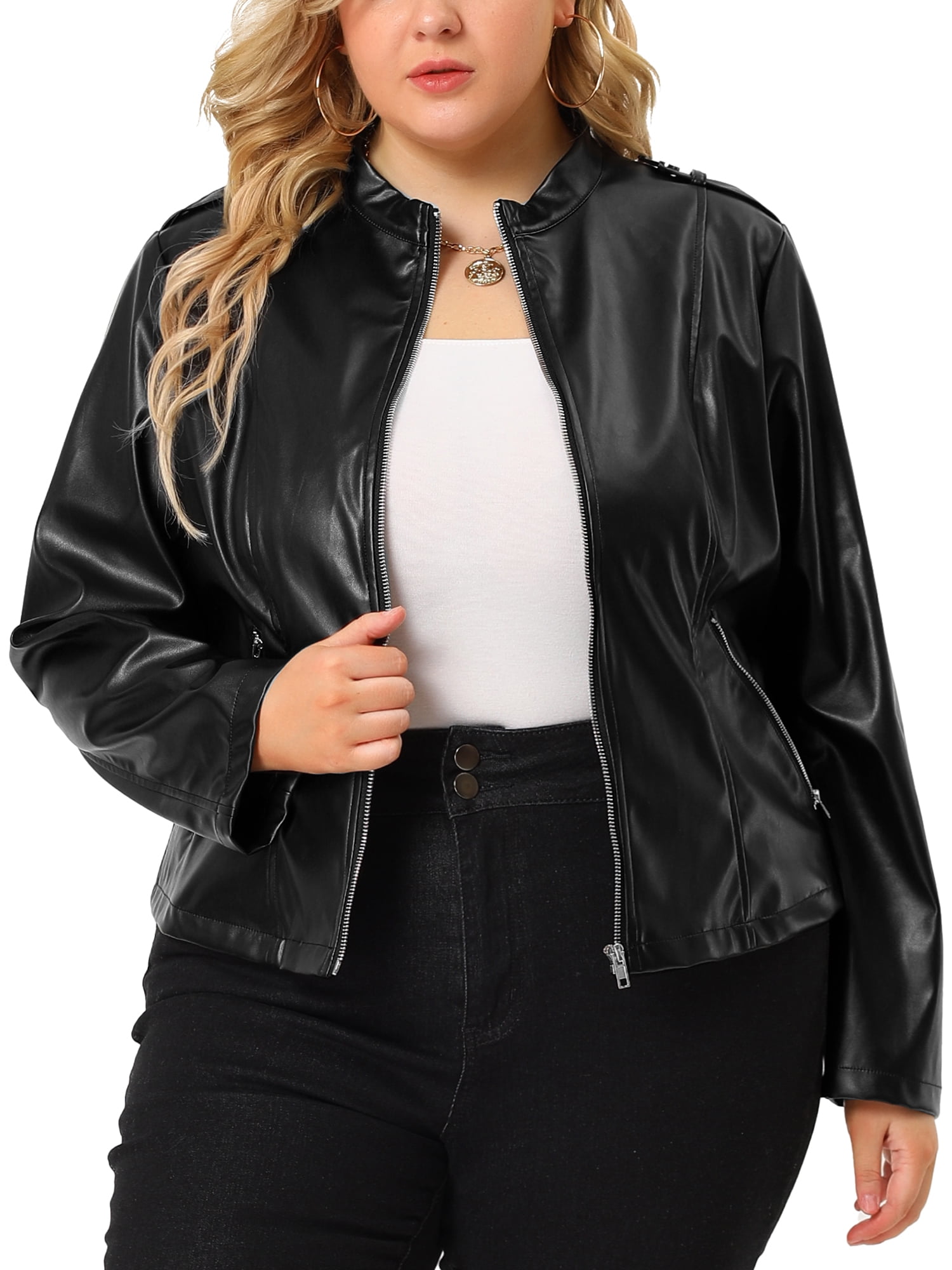Agnes Orinda Women's Plus Size Jacket Motorcycle Zipper Pocket Faux PU Jackets
