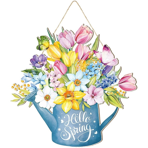 Fymlhomi - Decoración de primavera para puerta, letrero de bienvenida con flores, colgador de primavera para puerta de entrada, frontones rústicos de flores para fiesta de Pascua, decoración de