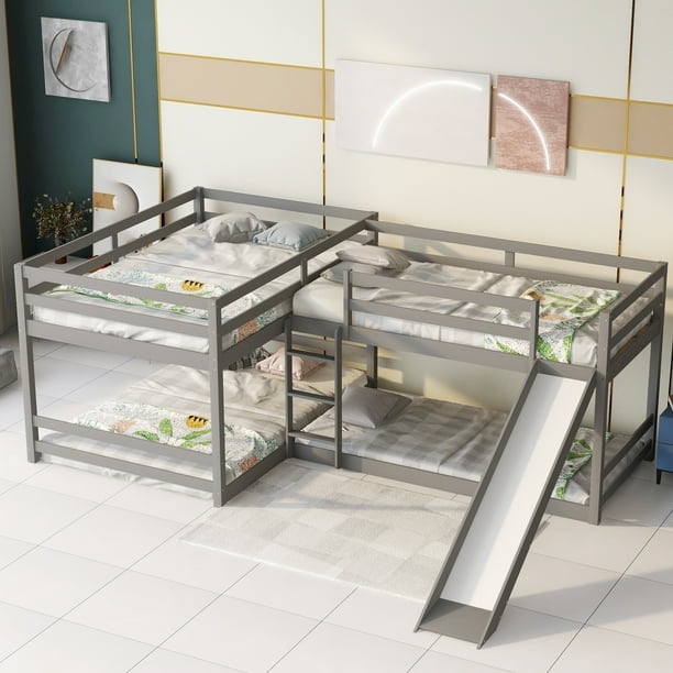 EUROCO Wood Twin Bunk and Full Bunk Beds, Quadruple Bed for Kids, Gray