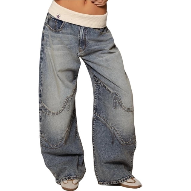 Pantalones vaqueros holgados de barril elásticos de cintura alta y pierna ancha Cargo Y2k Patchwork Casual pantalones de mezclilla elásticos