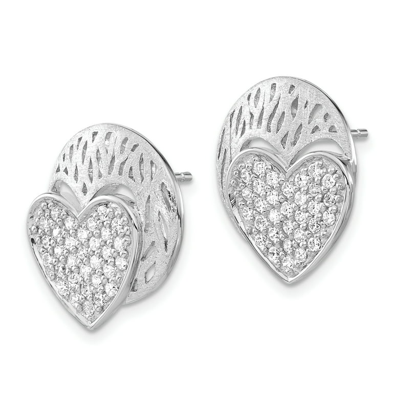 Sterling Silver Polished Brushed CZ Heart Circle Post Earrings
