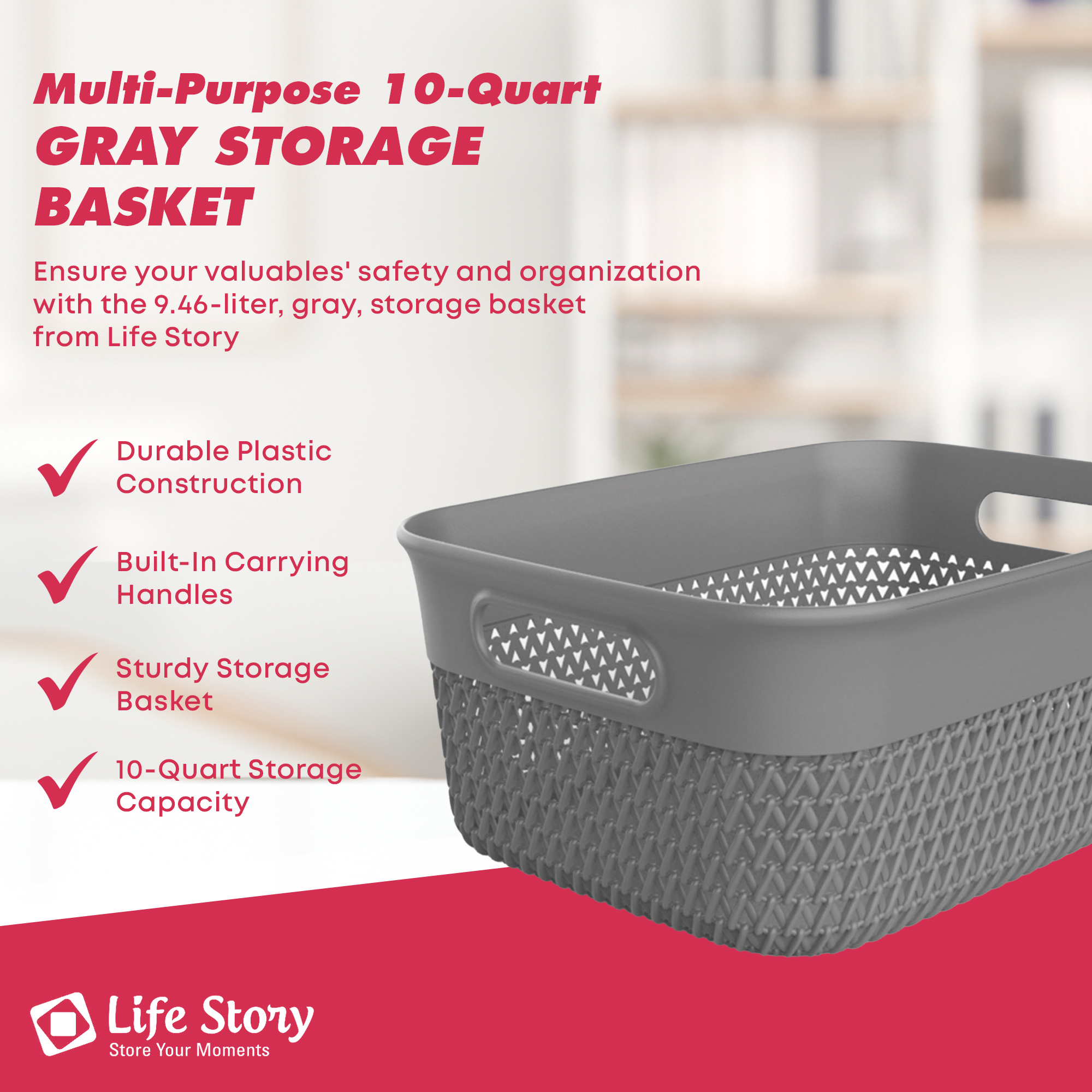 Life Story 10 Quart Decorative Storage Basket, Medium Plastic Home Organizer, Gray