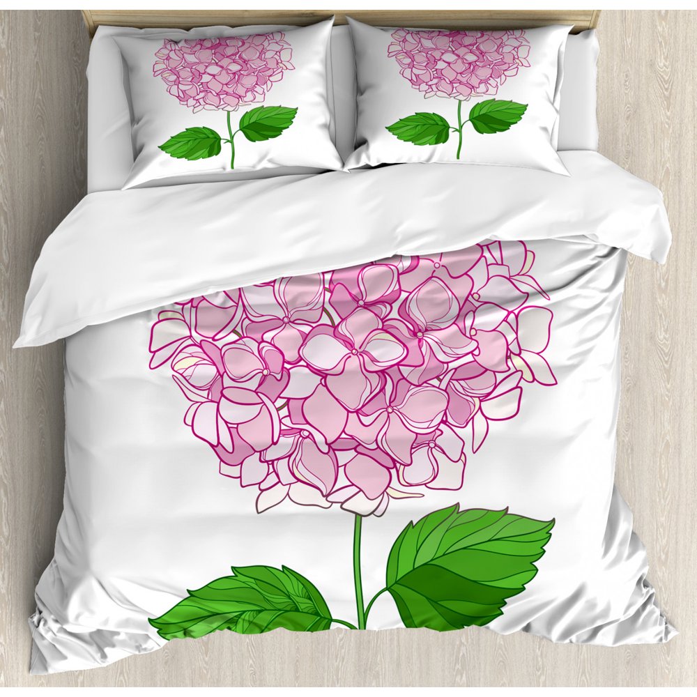 Hydrangea Duvet Cover Set King Size, Hand Drawn Pinkish Floral Petals
