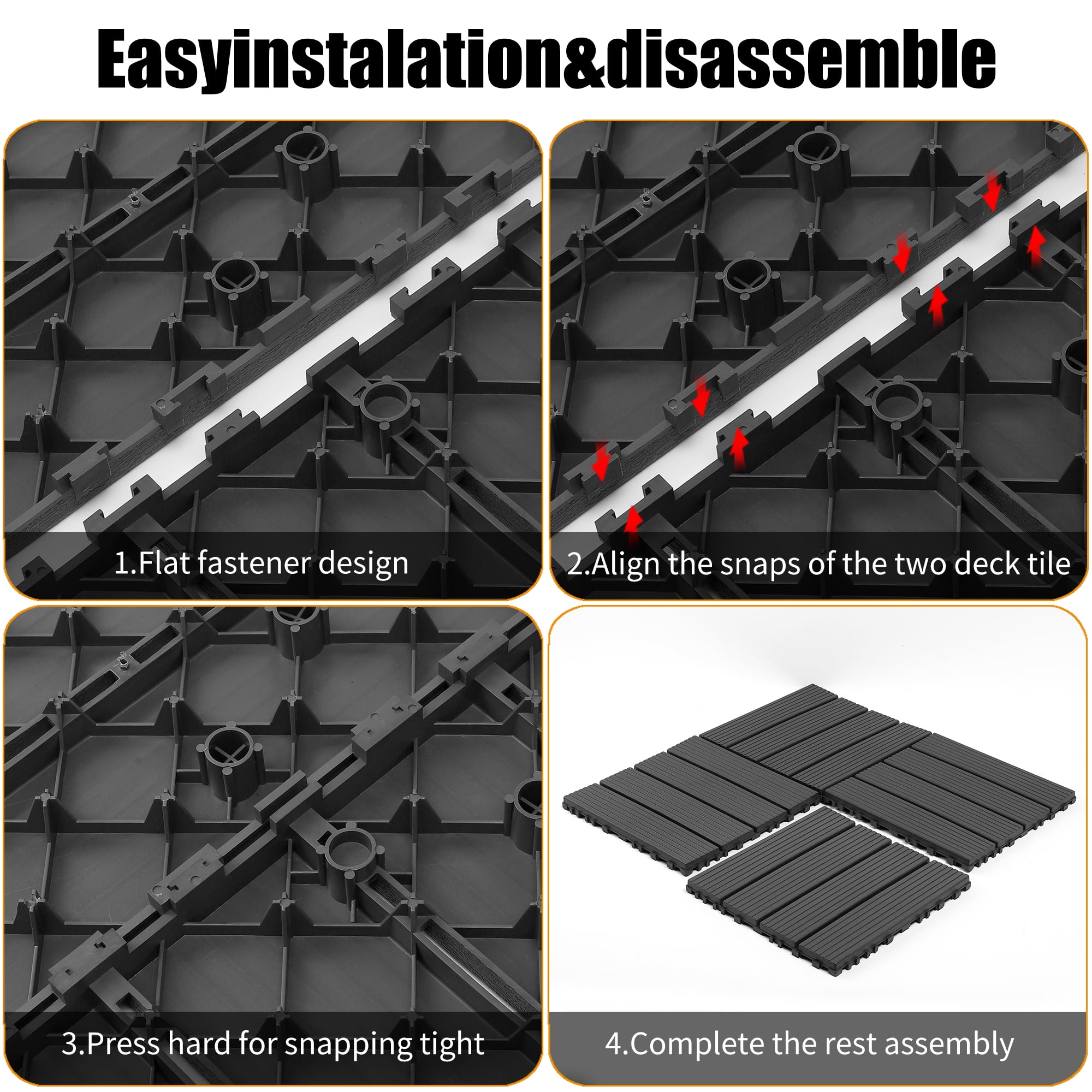 44 Pack 12"×12" Interlocking Deck Tiles, Dark Gray PP Plastic Waterproof Floor Tiles, All-Weather Patio Pool Balcony Decking Tiles for Indoor Outdoor
