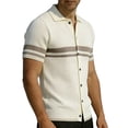thumbnail image 5 of Men's Casual Lapel Shirt Acrylic Knit, Short Sleeve Shirt Breathable Comfort, Notch Lapel Regular Fit Button Closure, Stripe Texture Full Button Front, Daily Office | Zenithor,Khaki S, 5 of 6
