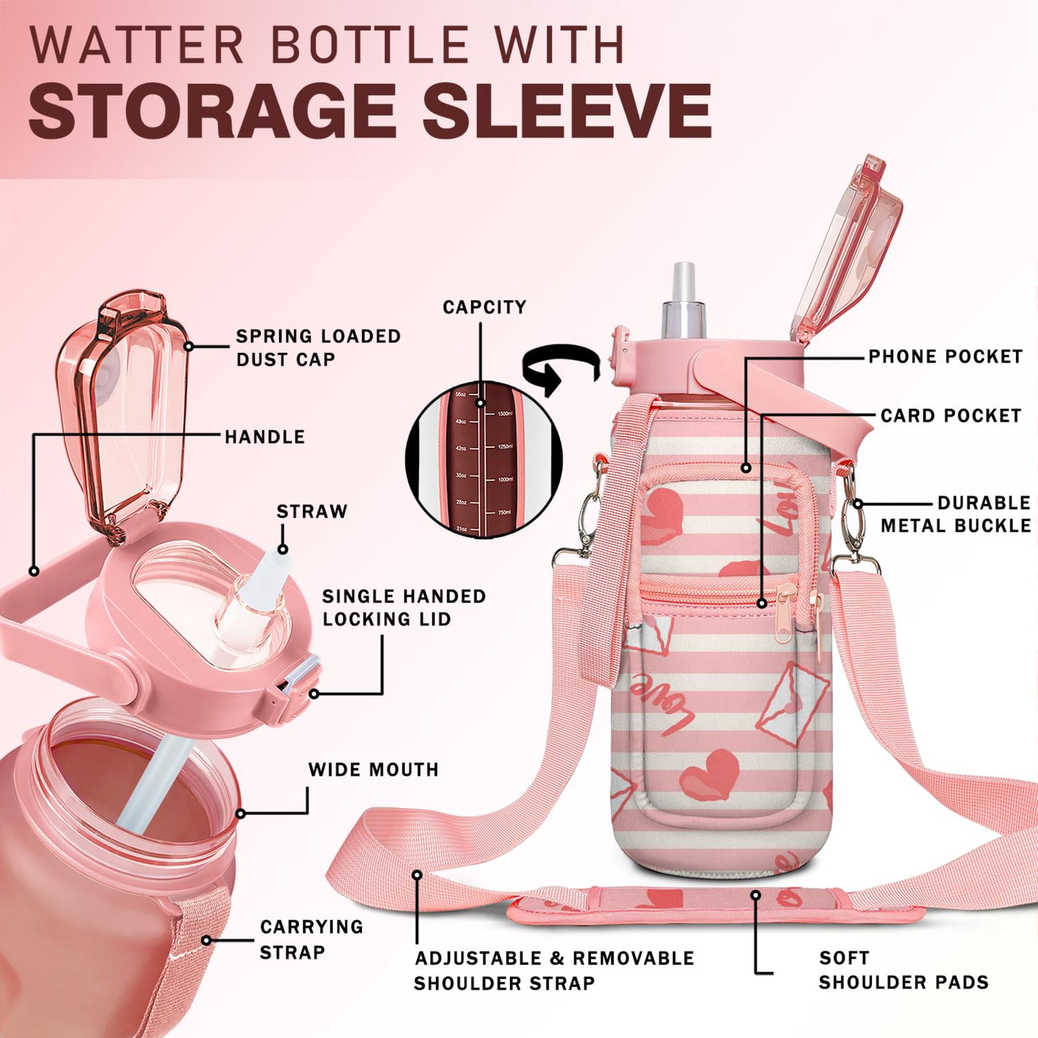 Valentine's Day 64 Oz Half Gallon Water Bottle with Sleeve - BPA Free Leakproof Sport Large Plastic Water Bottle with Straw & Time Marker & Insulated Neoprene Holder Carrier Bag Gift for Women