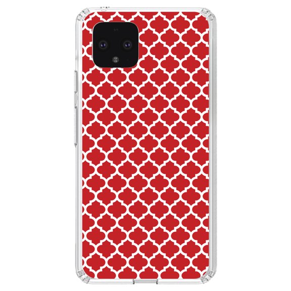 DistinctInk Clear Shockproof Hybrid Case for Google Pixel 4 XL (6.3" Screen) - TPU Bumper, Acrylic Back, Tempered Glass Screen Protector - Red White Moroccan Lattice