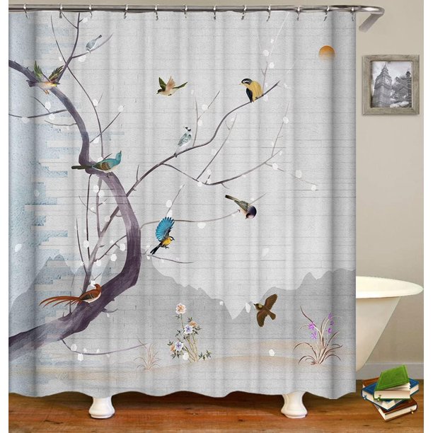 SPXUBZ Shower Curtains, New Modern Branch Bird Grey Background Bath Curtain 72 x 72 Inch