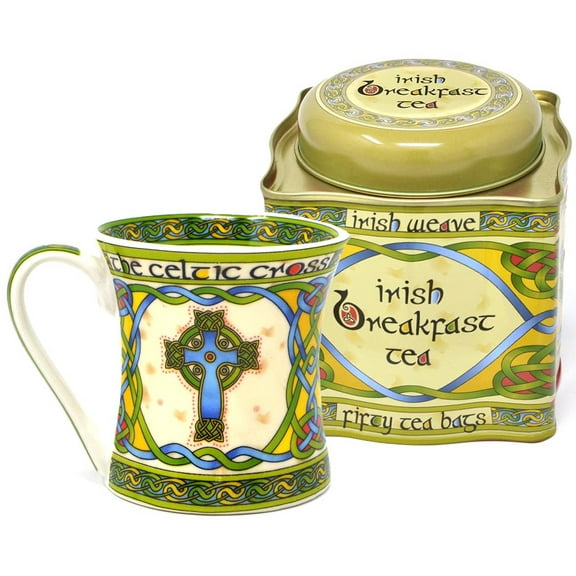 Royal Tara Set of 1 Irish Celtic High Cross Coffe Mug Tea Cup & 1 Breakfast Tea - Irish Weave Reusable Tin 50 Count Tea Bags