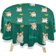SKYSONIC Valentine's Day Corgis Dog Round Tablecloth 60inch Indoor Wrinkle Free, Cute Animal Circular Lace Table Cover Washable for Kitchen Dining Decor