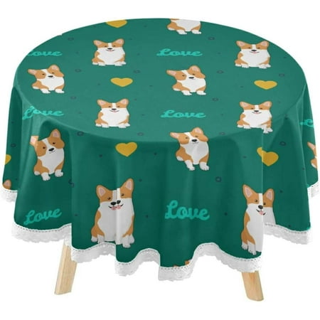 SKYSONIC Valentine's Day Corgis Dog Round Tablecloth 60inch Indoor Wrinkle Free, Cute Animal Circular Lace Table Cover Washable for Kitchen Dining Decor
