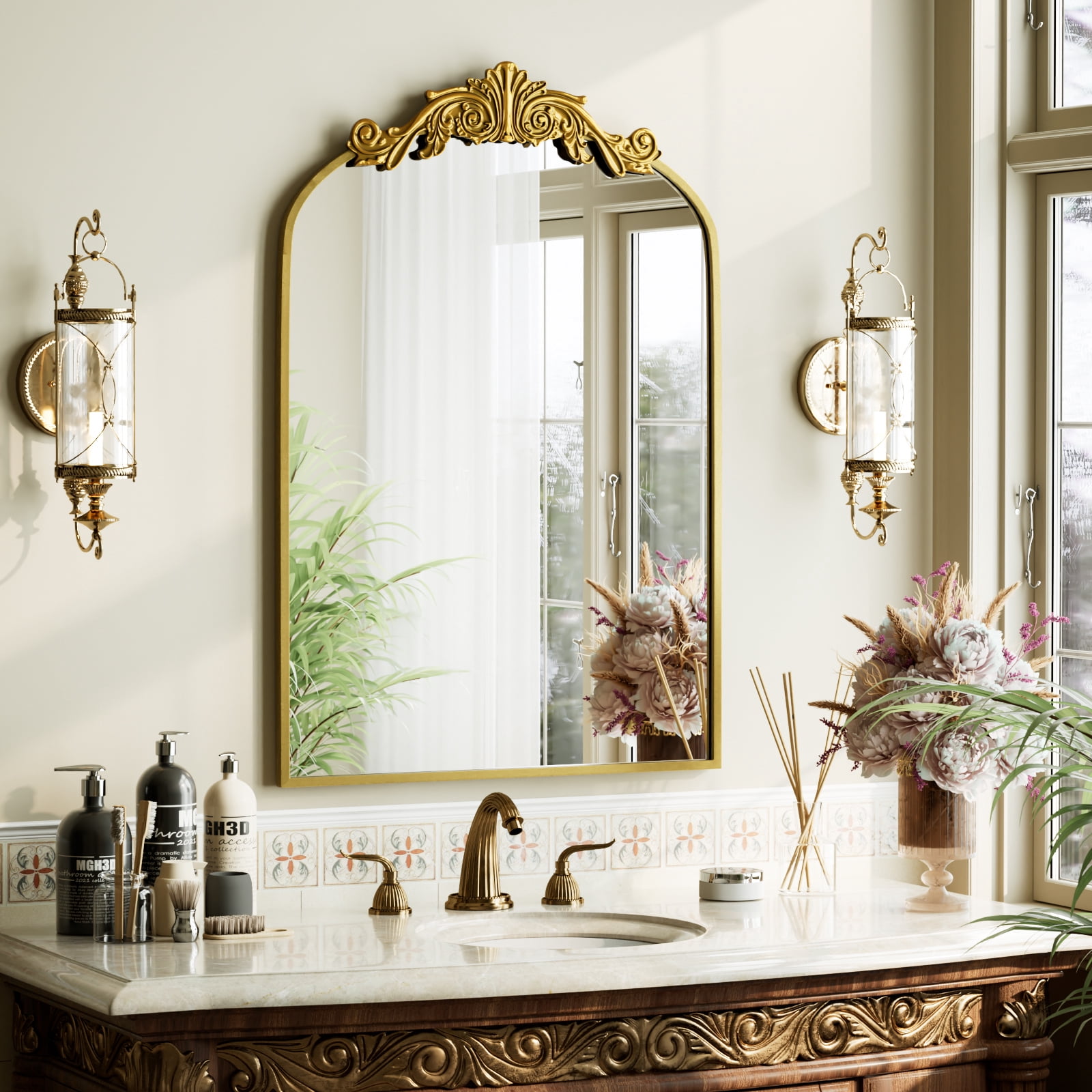 SHATTERVIEW 24"x36" Arched Wall Mirror Vintage Bathroom Mirror, Gold
