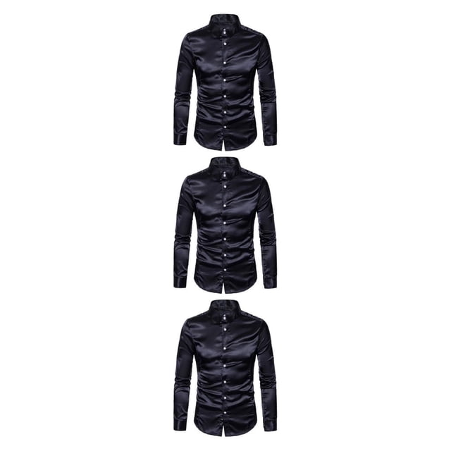 Minnieouse Camisa transpirable para hombre Satén con mangas largas - Trabajo Boda o hogar Camisa para hombre Formal Manga larga Grande negro XL Type1 NO1