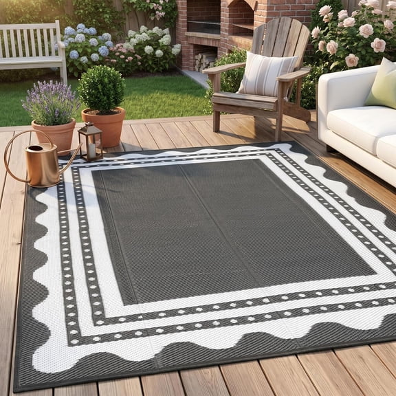 8x10 Waterproof UV-Resistant Outdoor Rug Modern Reversible Area Rug for Patio Grey and White