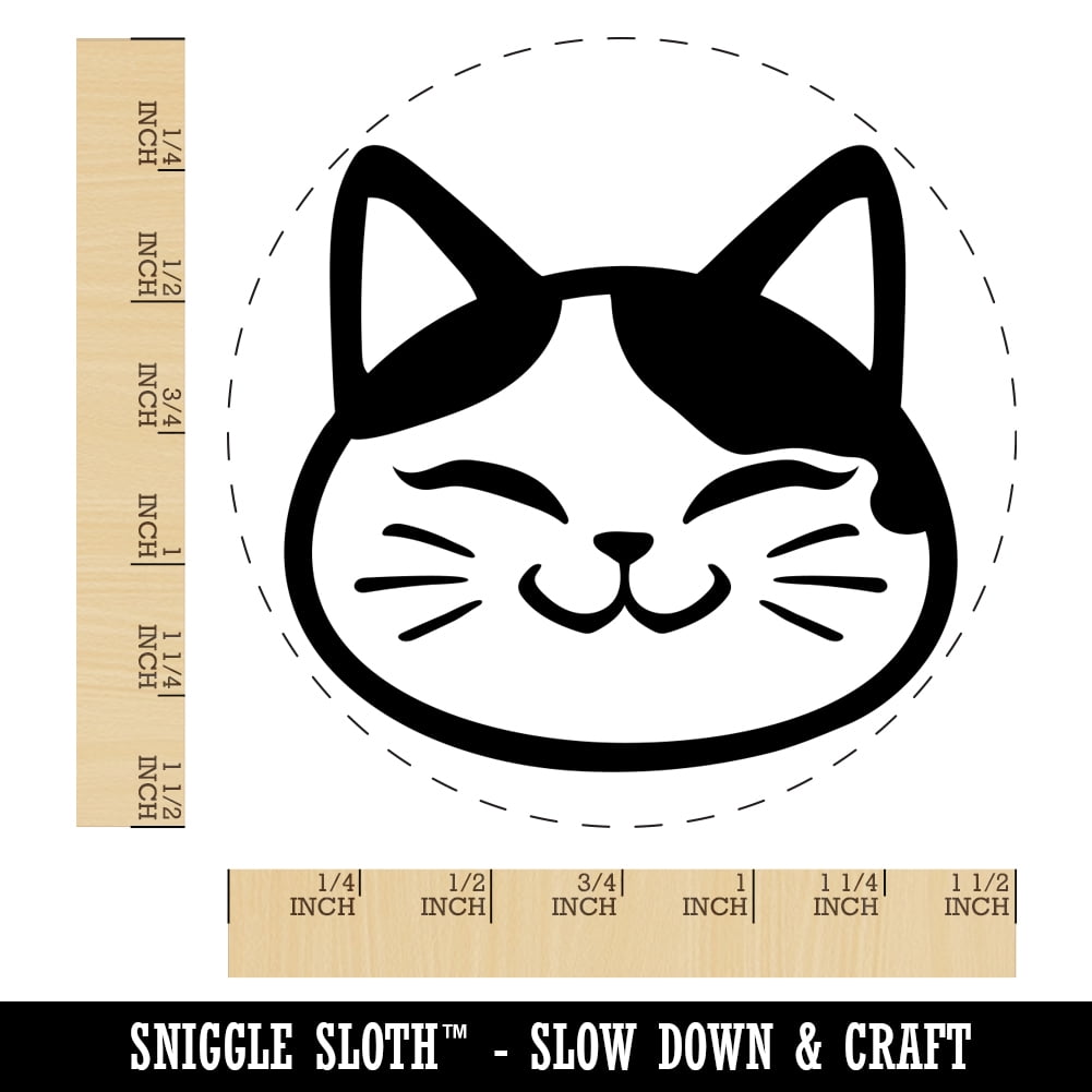 Happy Spotted Cat Face Self-Inking Rubber Stamp Ink Stamper - Black Ink - Large 1-1/2 Inch