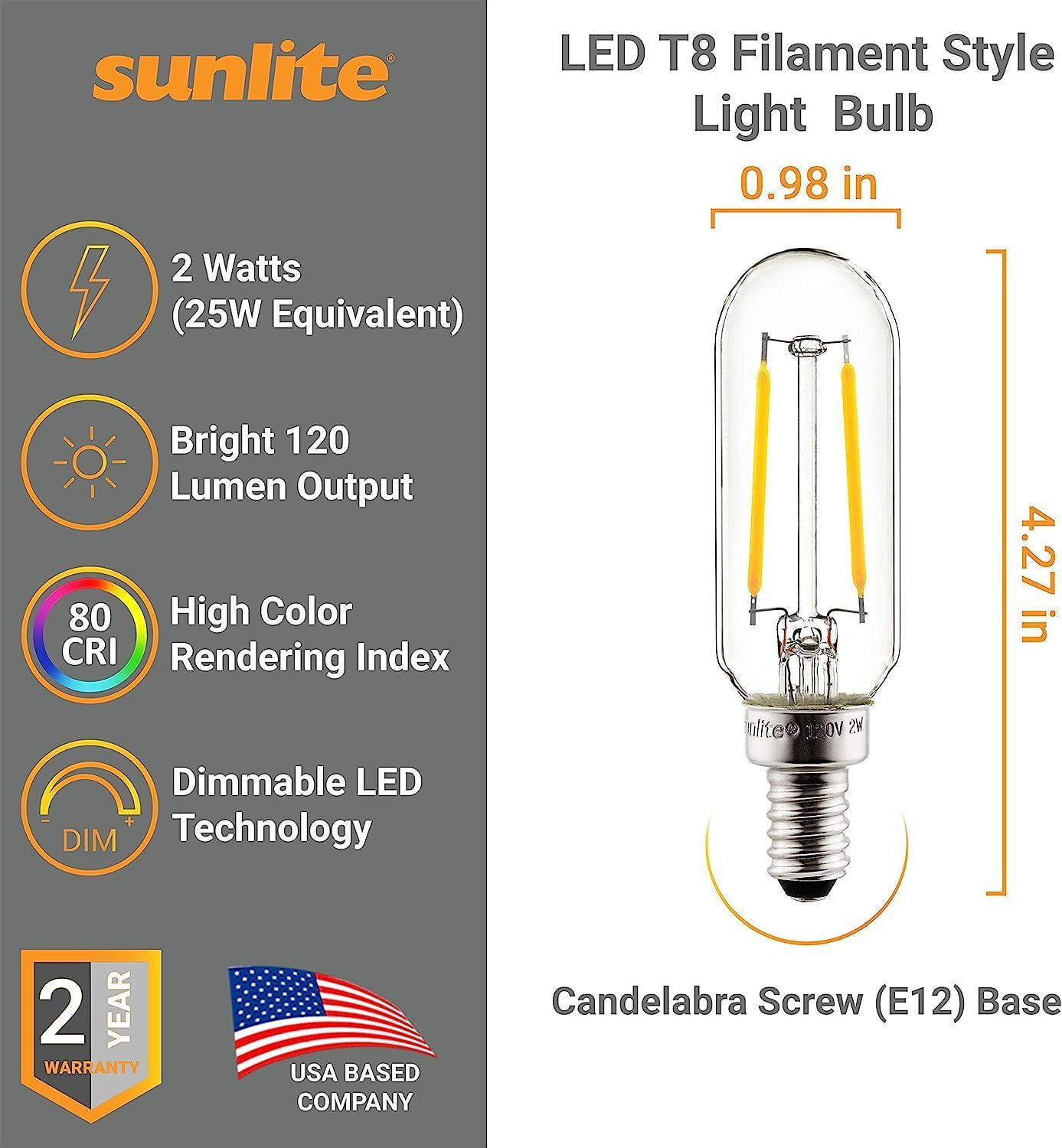Sunlite LED Filament T8 Tubular Light Bulb, 2 Watts (25W Equivalent), Candelabra E12 Base, Dimmable, Clear, UL Listed, 2200K Amber, 6-Pack