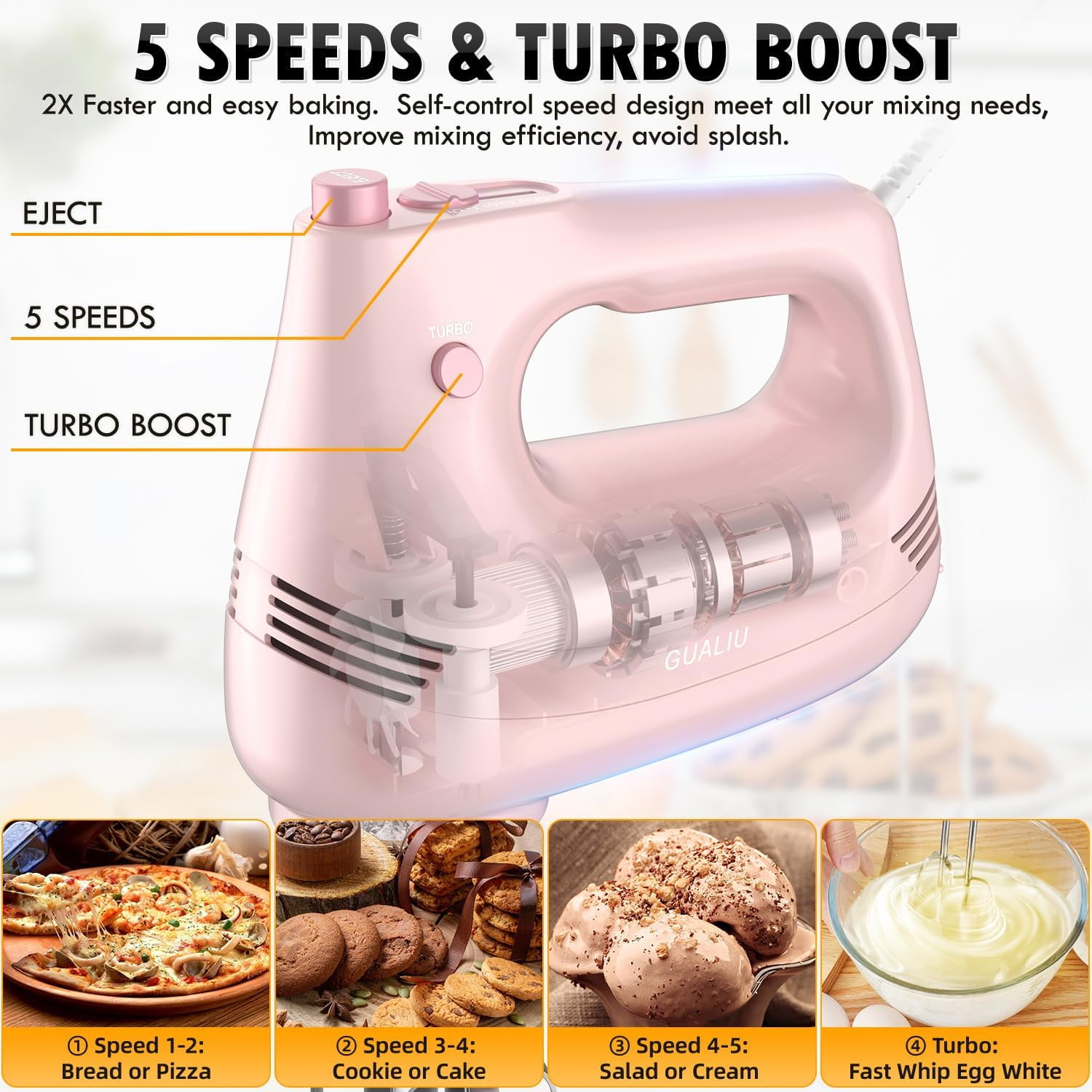 Electric Hand Mixer with Stainless Steel Whisk Dough Hook Attachment and Storage Bag Handheld for Baking Cakes Eggs Cream Food Mixers. Turbo Boost /5 Speed Kitchen Blender PINK