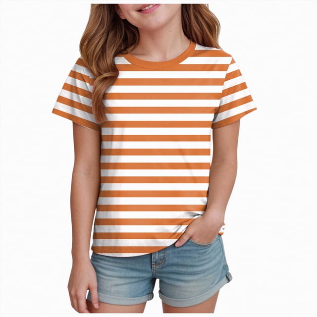 NIEWTR Hauts à Manches Courtes Classiques à Rayures pour Filles T-Shirts d'Été pour Enfants Col Rond Tendance T-Shirts pour Enfants 5-14 Ans (Orange, 8-9 Ans)