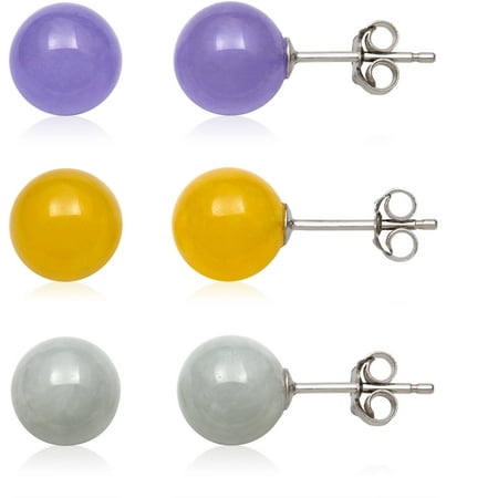 8mm Dyed Green, Lavender and Yellow Jadeite Sterling Silver 3-Pair Stud Set