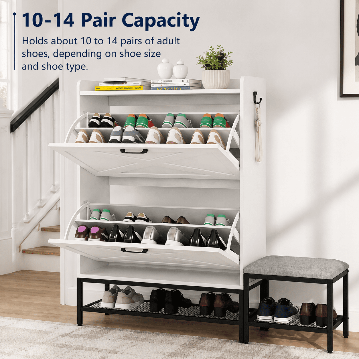 Alvantor Shoe Cabinet with Bench, 2 Flip-Down Drawers, Holds 10-14 Pairs, 39.4" W, White