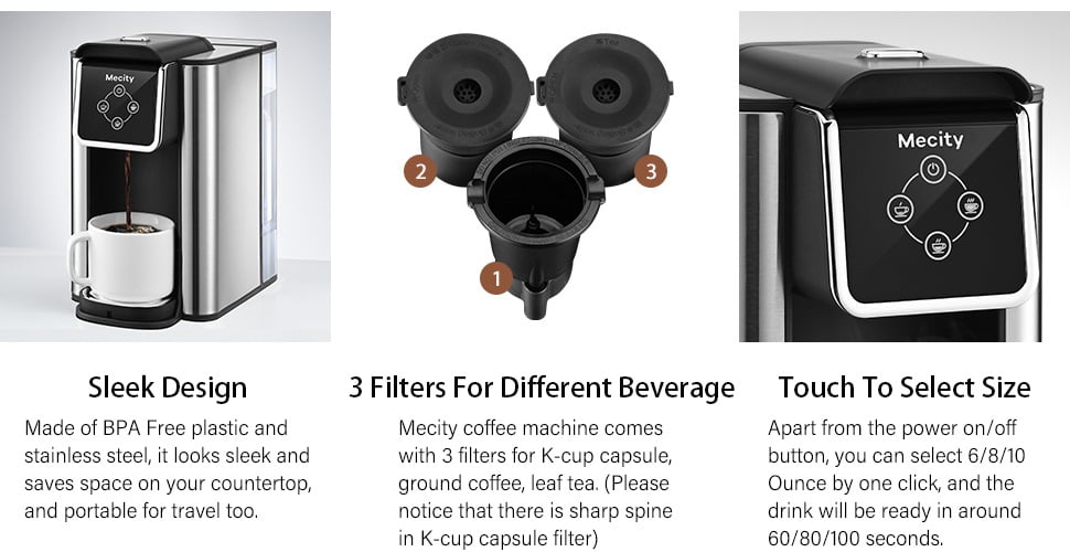 Mecity Coffee Maker 3 in 1 Single Serve Coffee Machine, Compatible with K cup Capsules, Instant Coffee Pot, Tea maker, 6,8,10 Oz Cup, Removable 50 Oz Water Reservoir, 120V 1150W, Black
