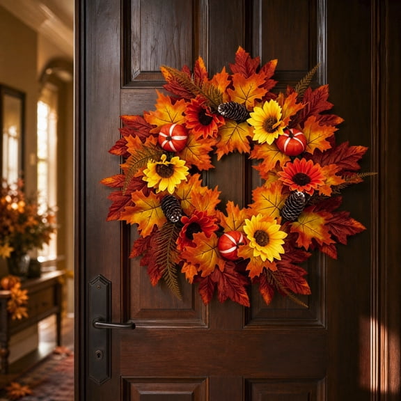 Cadancy Fall Wreath for Front Door with Sunflower Maple Leaves and Pumpkin Artificial Autumn Harvest Wreaths Thanksgiving Decorations Farmhouse Style Indoor Outdoor Home Decor