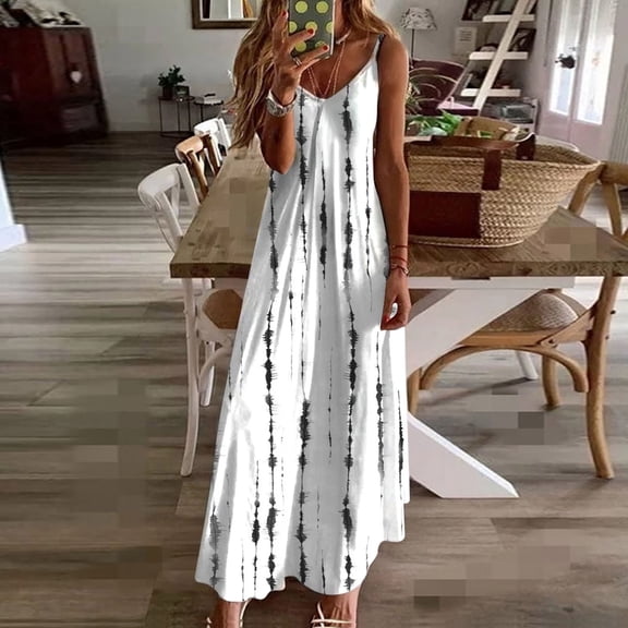 FRSASU Summer Maxi Dress for Women Spaghetti Strap Casual Sleeveless Printed Boho Floral Beach Vacation Sundress Multicolor-G