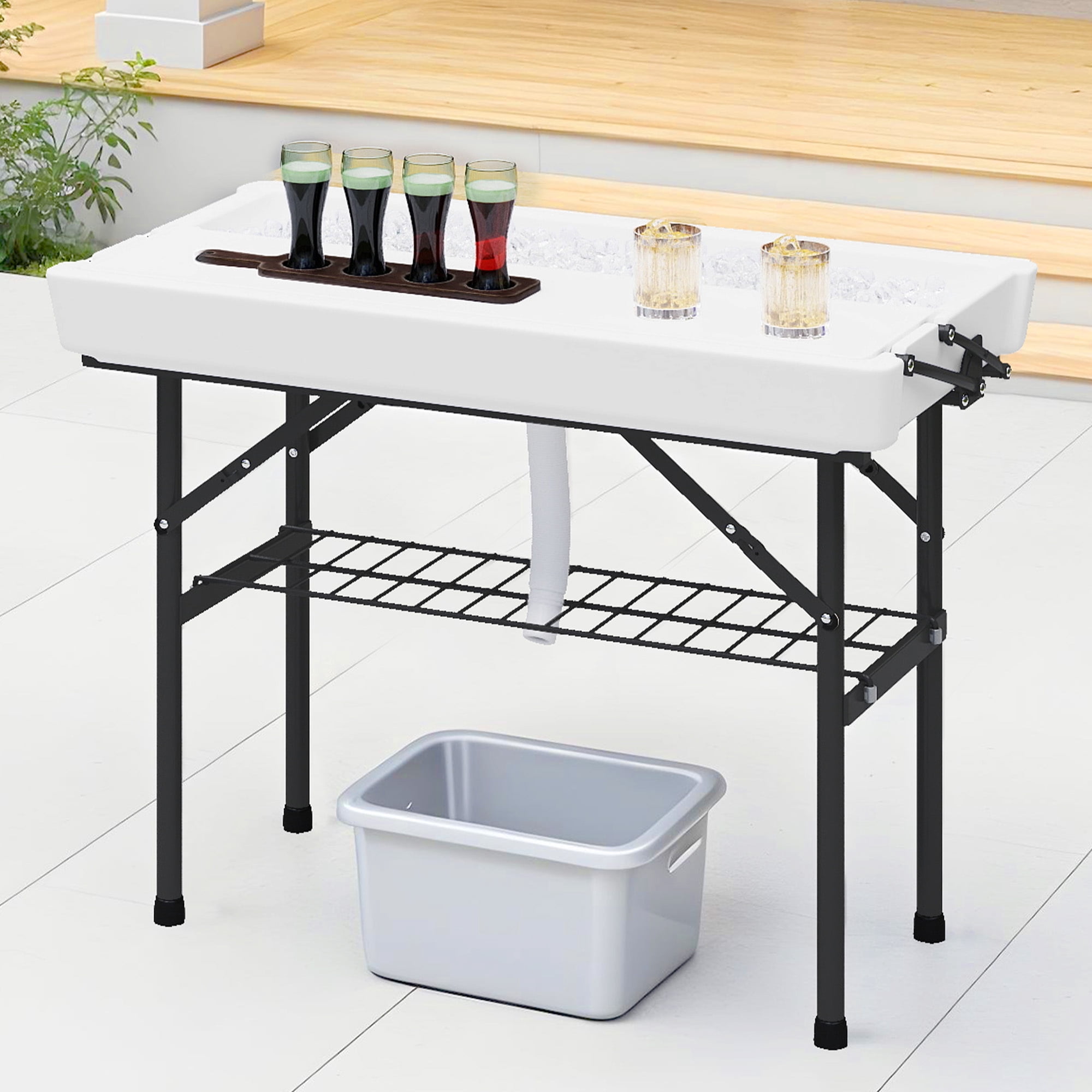 Uforic 4FT Two-Tier Folding Ice Cooler Table, Portable Party Ice Bin with Drain Hole and White Skirt, Outdoor Food Drink Station for BBQ, Camping, Wedding and Gathering