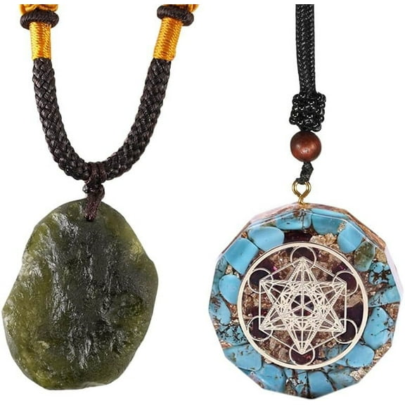 Moldavite Czech Meteorite Glass Raw Rough Stone Necklace and Orgone Metatron Cube Pendant Emf Necklace(Set of 2)