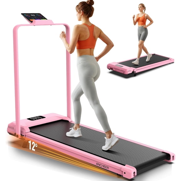 ANCHEER Treadmill with Handle Bar & 12% Incline - 2s Foldable/Max 320 lb Capacity Walking Pad - Portable Folding Treadmills for Home, Gym, or Office with LED Screen and Remote Control