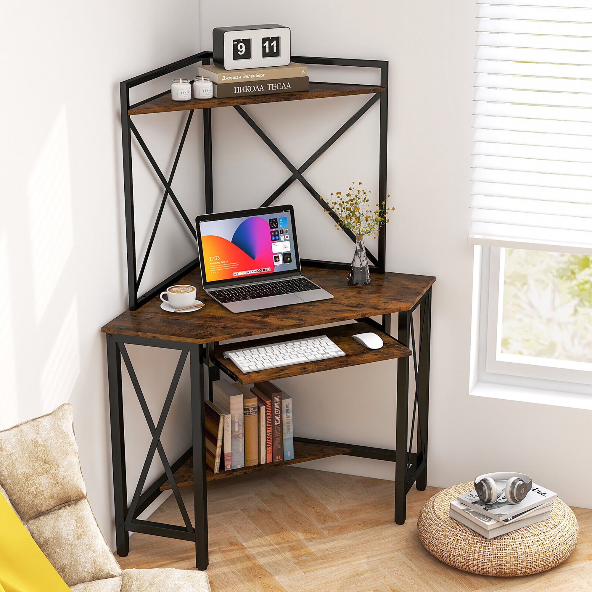 Gymax Corner Desk Space-Saving Computer Desk w/ Shelves & Keyboard Tray Rustic Brown