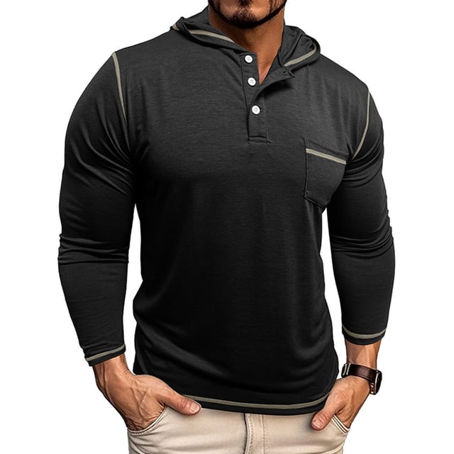 pstuiky camisas de manga larga para hombre, Camisa básica de manga larga con cuello redondo y transpirable de color sólido a la moda informal para hombre Tops casuales para hombres xl