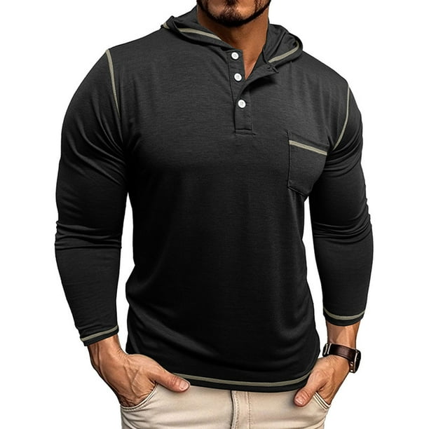 pstuiky Camisas de manga larga abrigadas para hombre, Camisa básica de manga larga con cuello redondo y transpirable de color sólido a la moda informal para hombre salir tops xxxl
