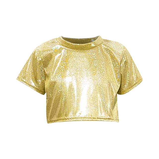 Tenue de Performance pour Enfants T-shirt à Paillettes à Manches Courtes avec Taille Apparente et Nombril Col Rond Élastique