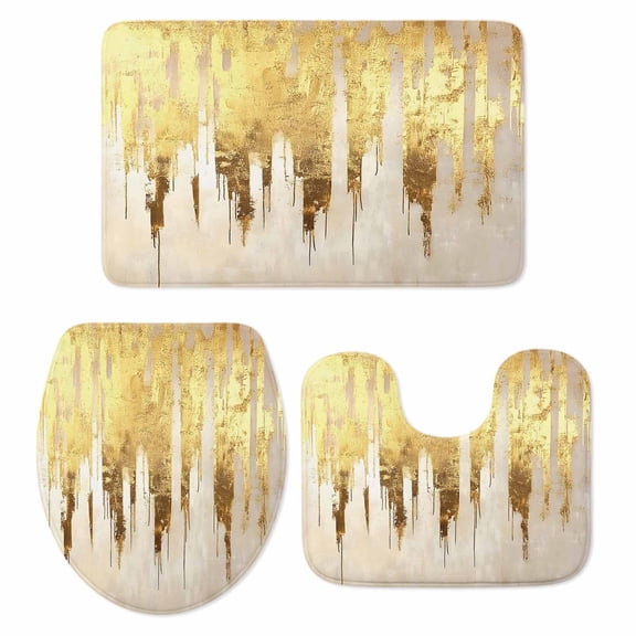 Abstract Gold Bath Mat 3 Piece Bathroom Rug Set, Modern Brush Luxury Strokes Artwork Non Slip Bath Rug Contour Mat and Toilet Lid Cover, Absorbent Shower Mats Soft Bath Rugs and Mats Sets