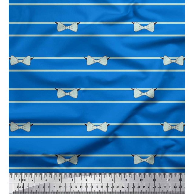 Soimoi Blue Modal Satin Fabric Bow & Stripe Printed Fabric 1 Yard 42 Inch Wide