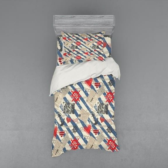 Ambesonne Nautical Bedding Set 3 Pcs, Grunge Wheel Heart, Twin, Beige Red Blue