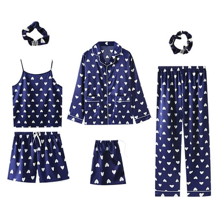 

Sleepwear for Womens Sexy Silk Pajamas Set Satin Cami Pjs Set 7pcs Loungewear Camisole Nightwear Nightgown V-Neck Full Slip Pj Set