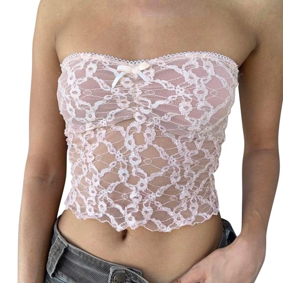DQRPSEETB Cami Tank Top Fashion Tube Tops for Women Floral Lace Strapless Sheer Mesh Crop Top Camisole Boho Bandeau Streetwear Sleeveless Blouses for Women