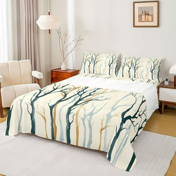 Homewish Vintage Branches Plant Twin Sheet Sets, Chic Stripes Abstract Twin Fitted Sheet, Rustic Farmhouse Flat Sheet, Luxury Bedroom Decor, 3 Pieces