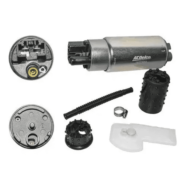 repuesto bomba gasolina acdelco aveo cavalier ng 1.5 18-21 tipo de gasolina combustible bomba eléctrica ACDelco gris con motor cilíndrico, tapa superior e inferior, filtro plástico blanco, malla, manguera corrugada y abrazadera sobre fondo blanco; adecuada para reemplazo en sistema de combustible.