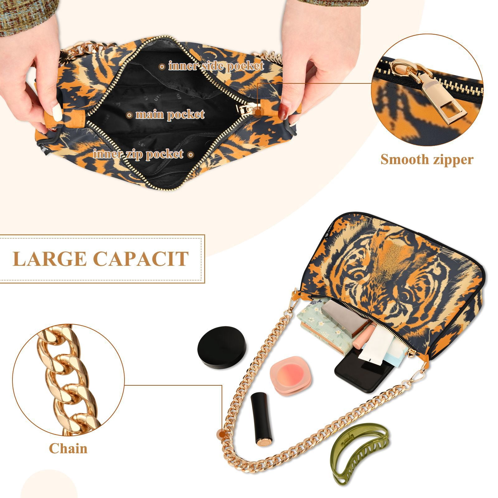 Tiger Or FaceWomen Small Shoulder Bag Crossbody Tote Hobo Bags Purse Clutch Handbags with Chain Strap for Women