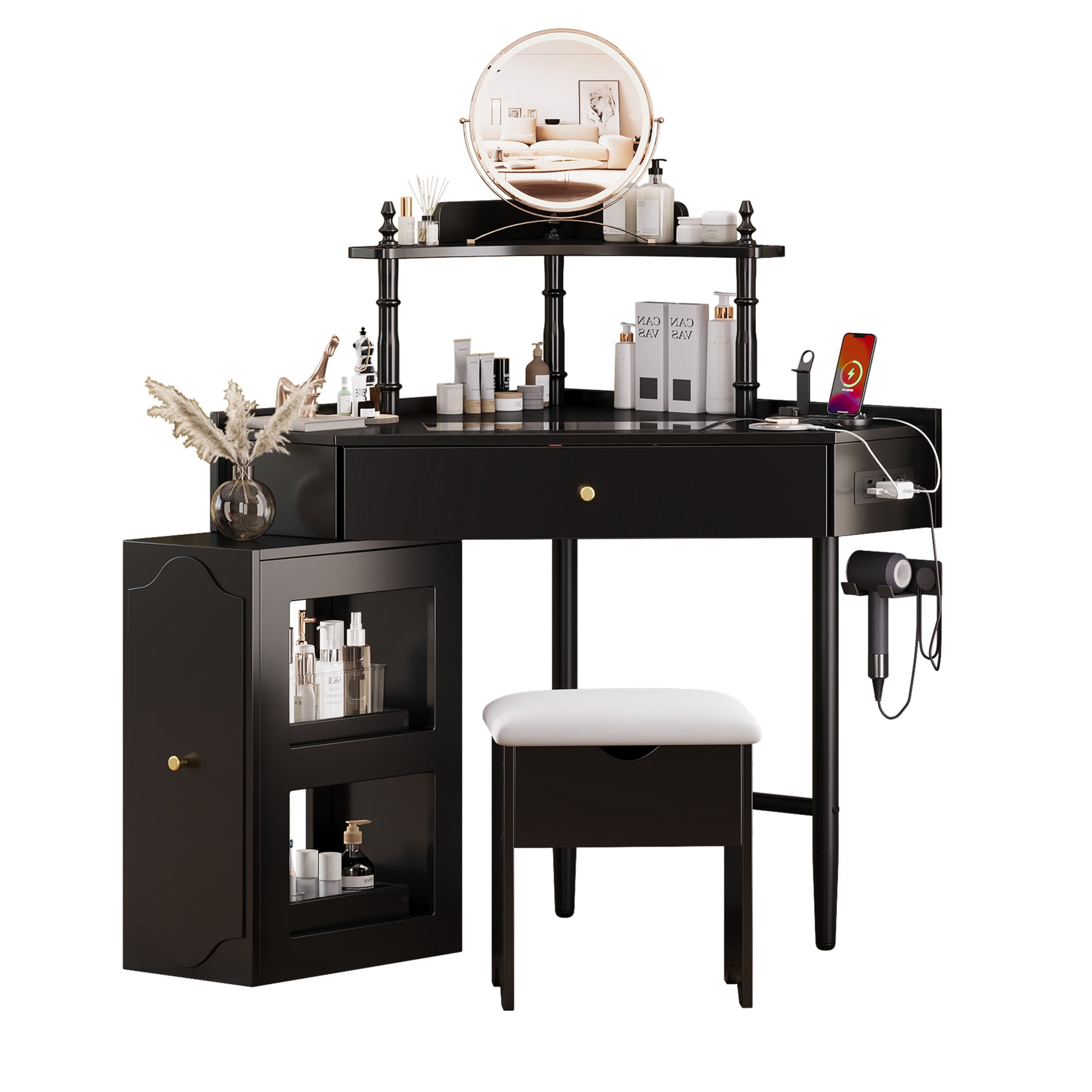 Noble House Corner Vanity Desk Set with Charging Station, Makeup Table and Storage Stool, Black
