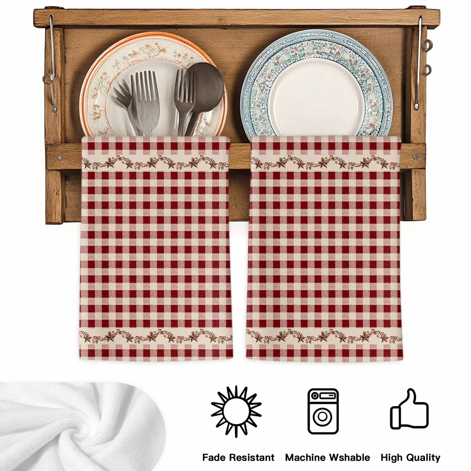 Dish Towels, Barn Stars Rustic Absorbent Kitchen Towels 2 PCS, Vintage Country Red Plaid Microfiber Hand Towels Dish Cloths Tea Towels for Home&nbsp;Bathroom Cleaning Drying,18X28-Inch,