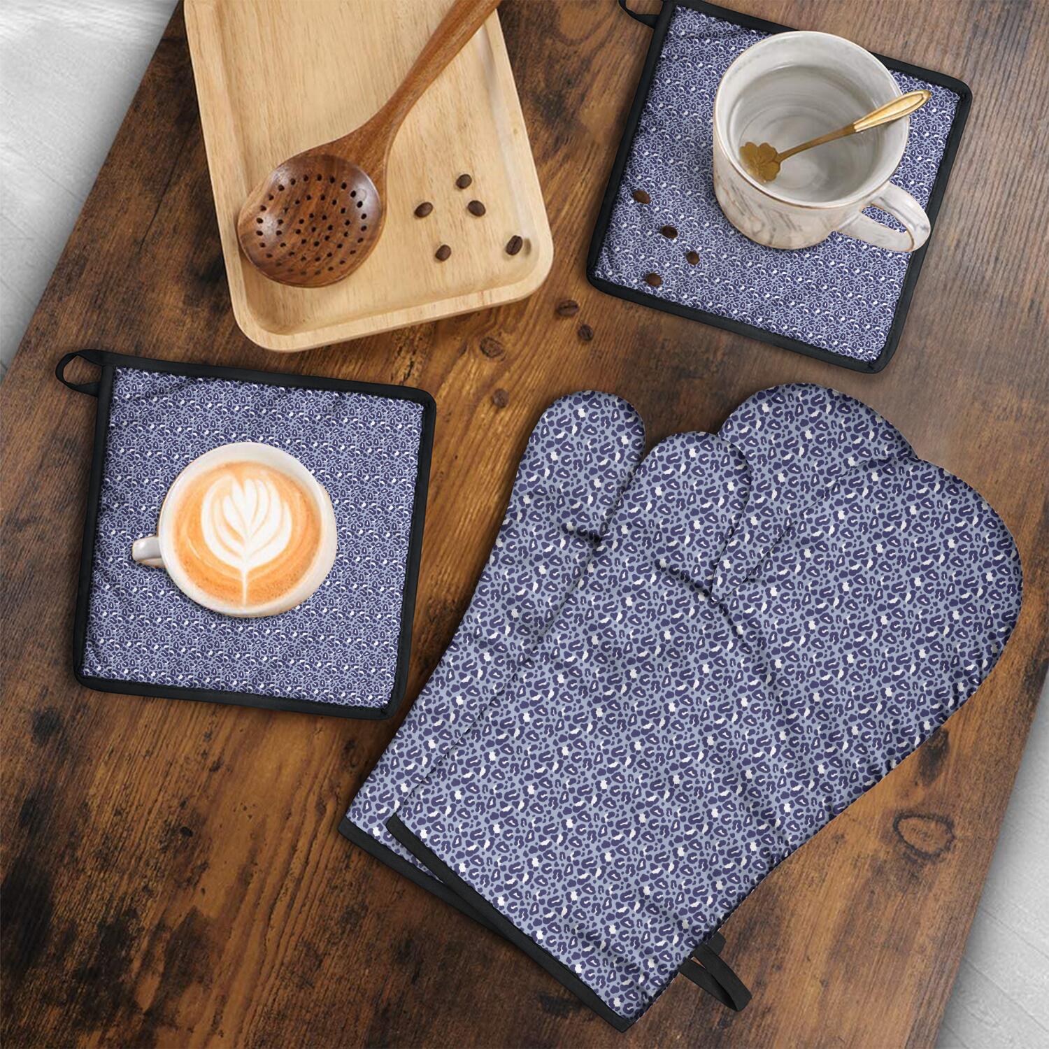 Leopard Print Oven Mitts and Pot Holders Set Of 4, Heat Resistant Kitchen Gloves with Non-Slip Grip, Hanging Loop, Soft Cotton Lining for Baking, Cooking, Grilling, Barbecue