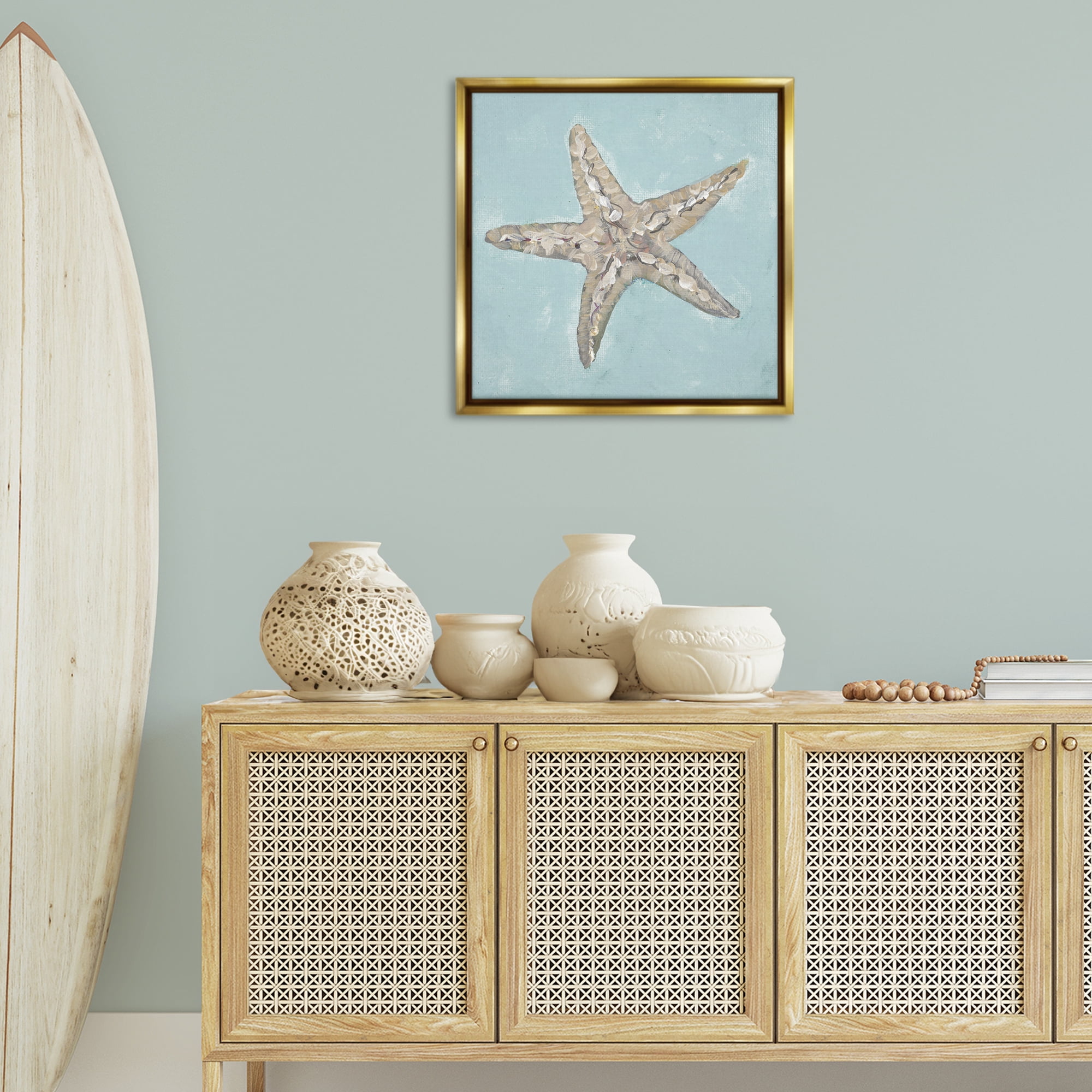 Stupell Industries Blue Starfish Impression Coastal Painting Gold Floater Framed Canvas Art Print Wall Art, 25 x 25