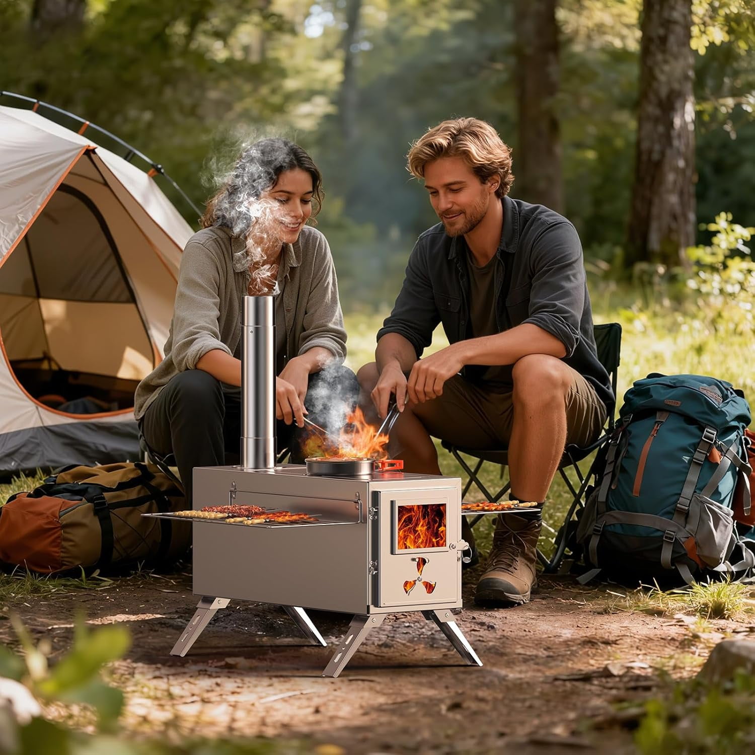 Mophoto Upgraded Wood Stove,Hot Tent Stove Camping Portable Stainless Steel Wood Burning Stove with 7 Chimney Pipes for Wall Tent Camping,Hunting,Heating,Cooking,Ice Fishing,Boiling Water