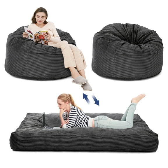 Senfot Bean Bag Chair Bed, Corduroy Giant Floor Sofa, Convertible Chair to Mattress, Large, Washable Cover, Dark Grey