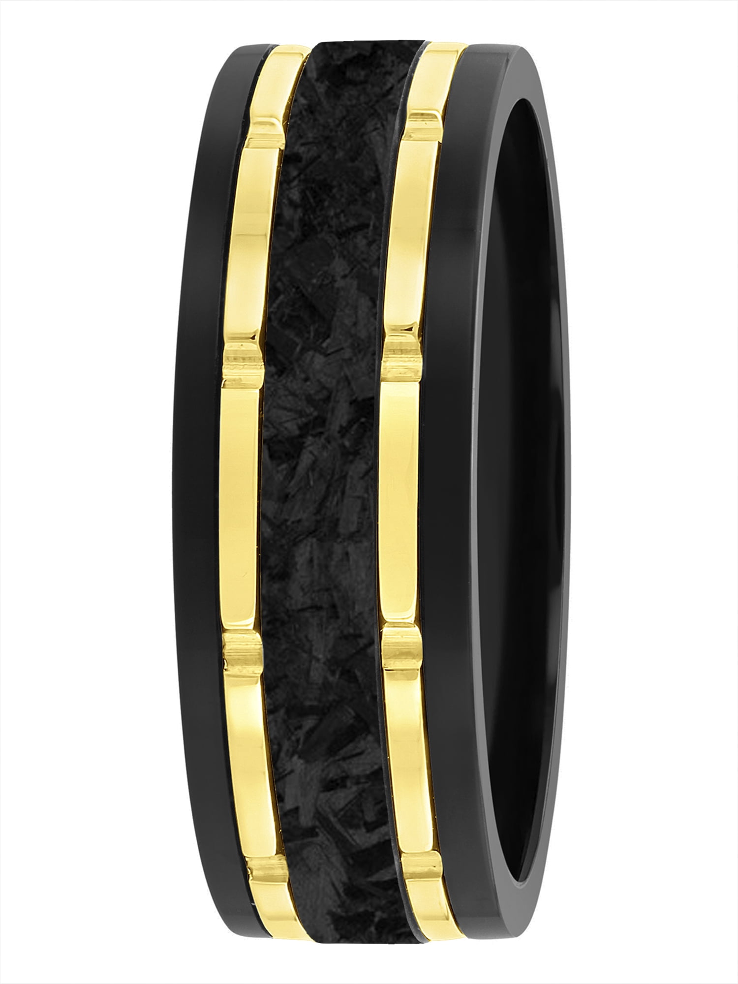Brilliance Fine Jewelry Men's Black Tungsten with Yellow Finish & Forged Carbon Fiber Center Grooved Band - Wedding Band